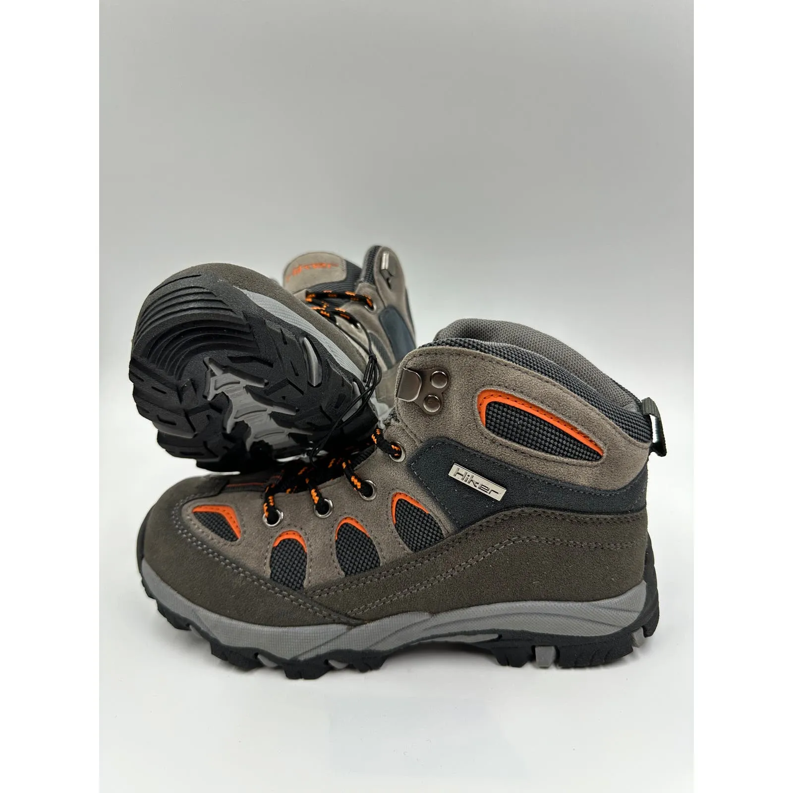 Big Kid Size 4, Gray High Top Hiker w/ Orange Accents, Suede Toe and Heel Cover