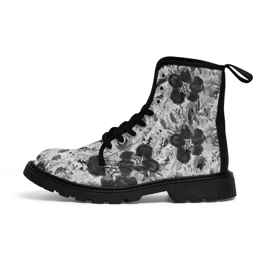 Grey Floral Print Men's Boots, Grey Floral Print Designer Best Hiking Winter Boots Laced Up Shoes For Men (US Size: 7-10.5)