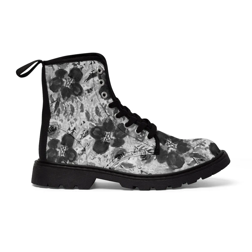 Grey Floral Print Men's Boots, Grey Floral Print Designer Best Hiking Winter Boots Laced Up Shoes For Men (US Size: 7-10.5)