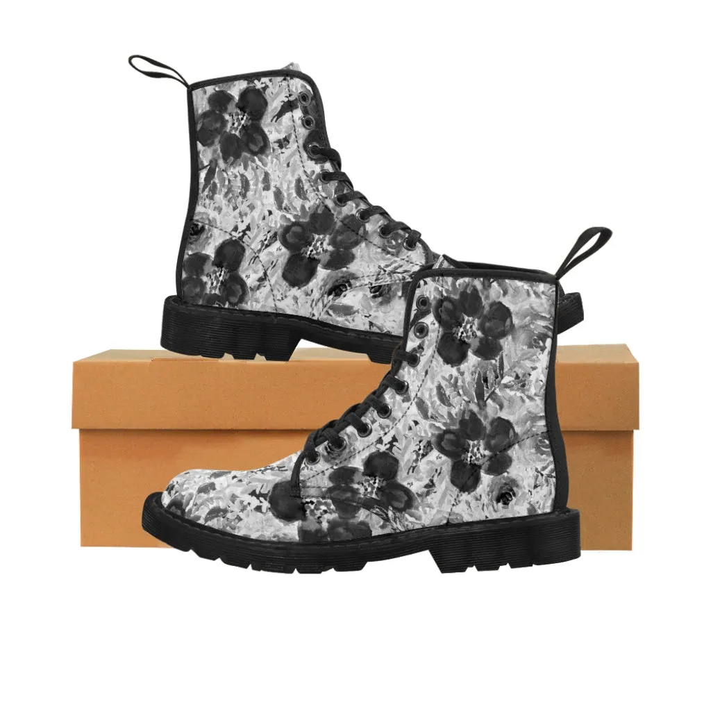 Grey Floral Print Men's Boots, Grey Floral Print Designer Best Hiking Winter Boots Laced Up Shoes For Men (US Size: 7-10.5)