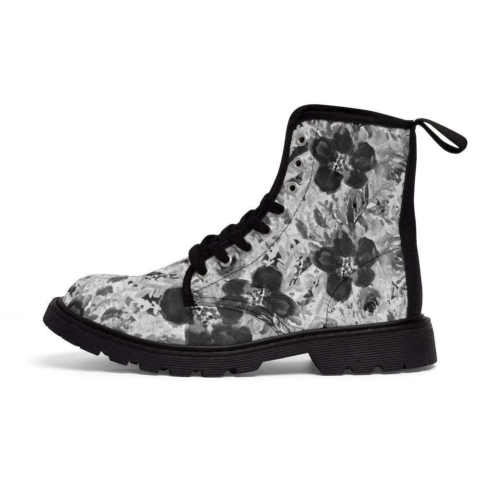 Grey Floral Print Men's Boots, Grey Floral Print Designer Best Hiking Winter Boots Laced Up Shoes For Men (US Size: 7-10.5)