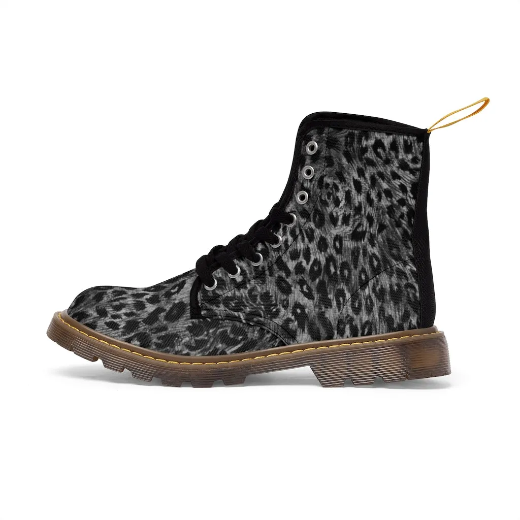 Grey Leopard Men's Canvas Boots, Wild Animal Print Designer Winter Laced-up Boots For Men