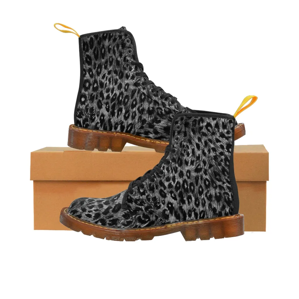 Grey Leopard Men's Canvas Boots, Wild Animal Print Designer Winter Laced-up Boots For Men