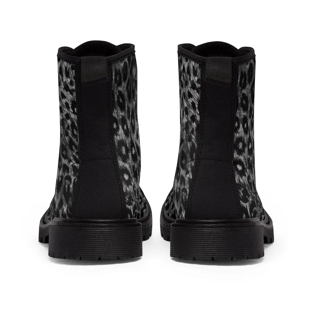 Grey Leopard Men's Canvas Boots, Wild Animal Print Designer Winter Laced-up Boots For Men