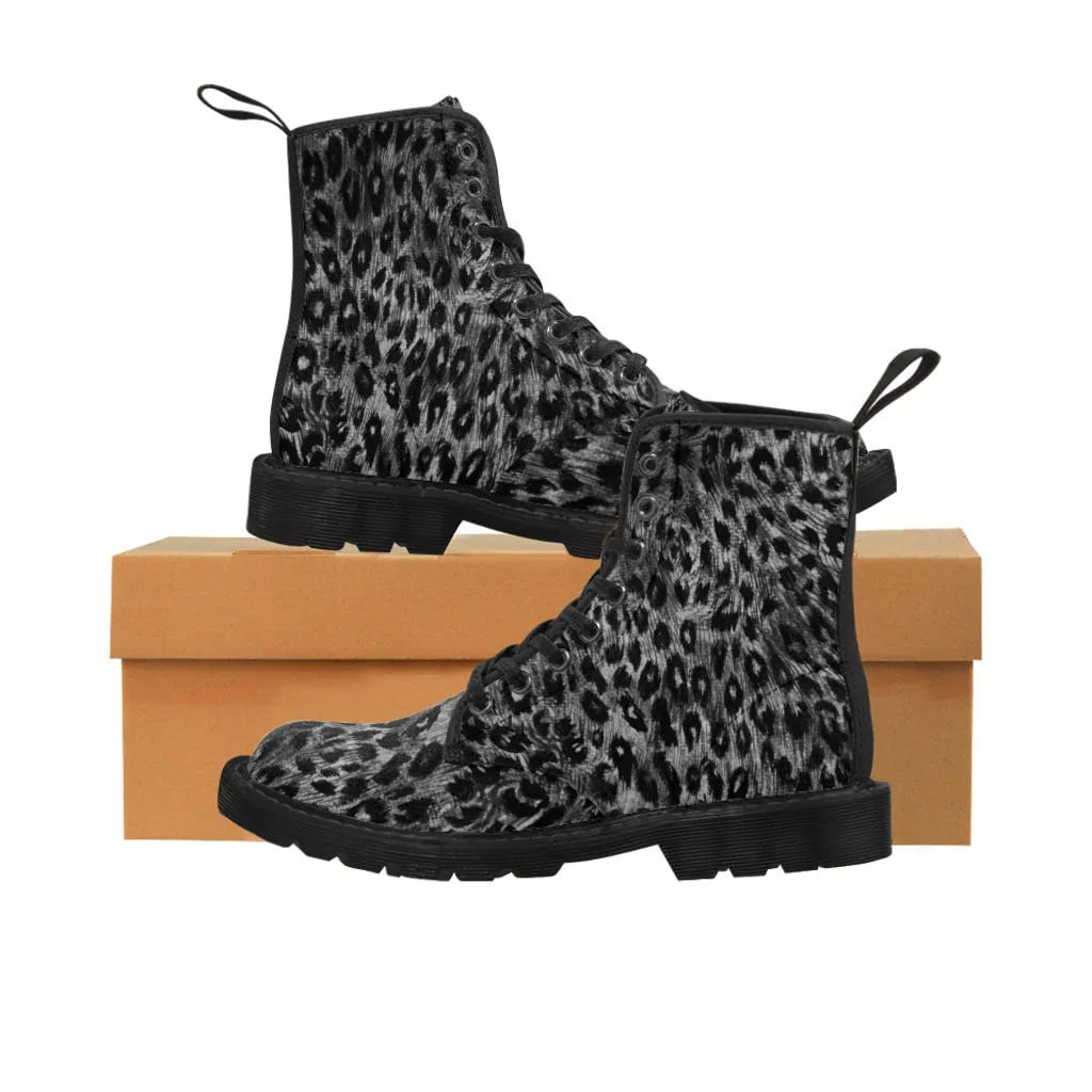 Grey Leopard Men's Canvas Boots, Wild Animal Print Designer Winter Laced-up Boots For Men