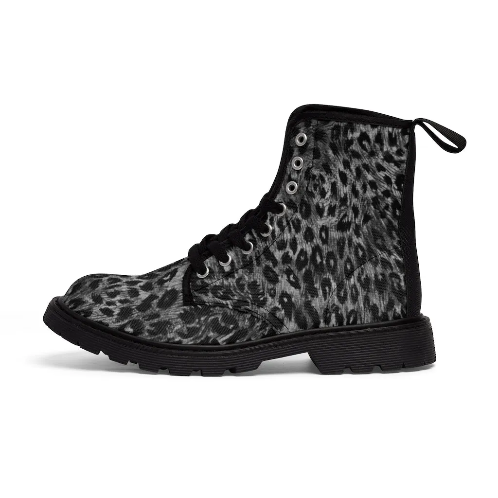 Grey Leopard Men's Canvas Boots, Wild Animal Print Designer Winter Laced-up Boots For Men