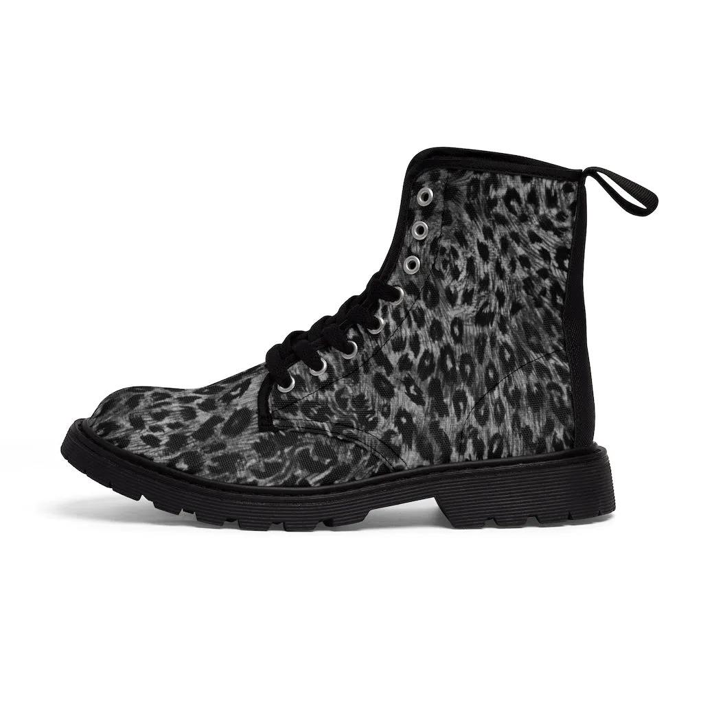 Grey Leopard Men's Canvas Boots, Wild Animal Print Designer Winter Laced-up Boots For Men