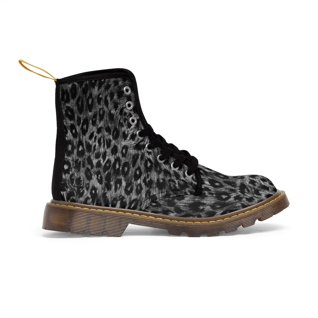 Grey Leopard Men's Canvas Boots, Wild Animal Print Designer Winter Laced-up Boots For Men