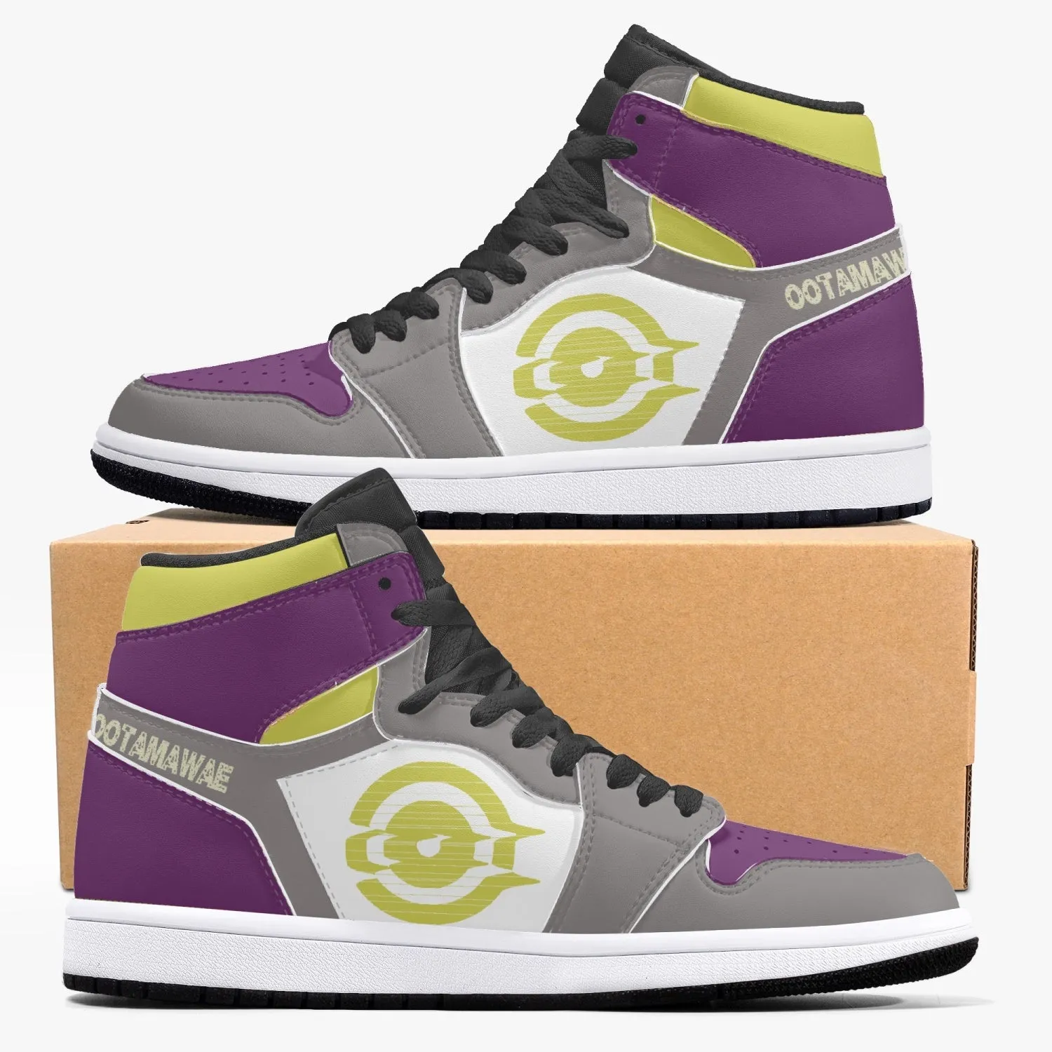 High-Top Leather Sneakers Grrey-Yellow-Purple