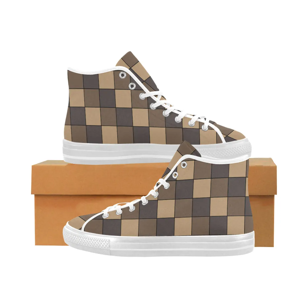 Men's Brown Monochrome Checks Print High Top Canvas Shoes