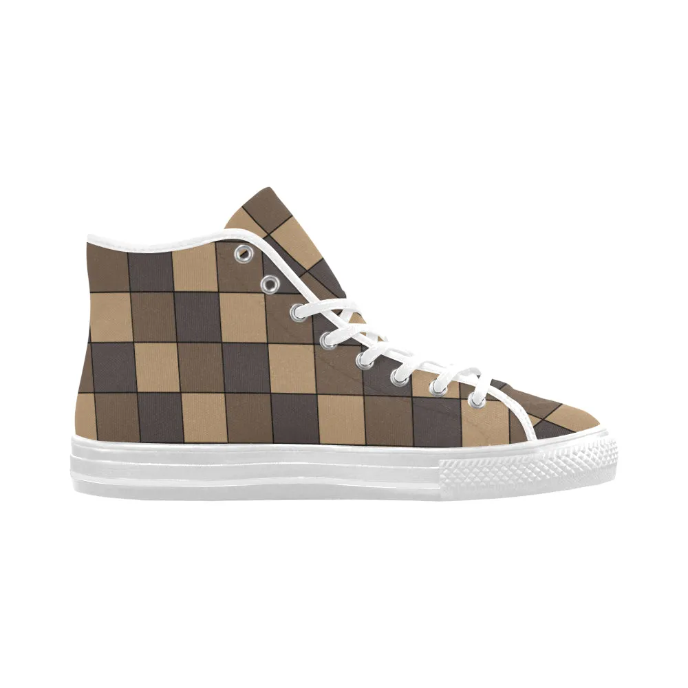 Men's Brown Monochrome Checks Print High Top Canvas Shoes