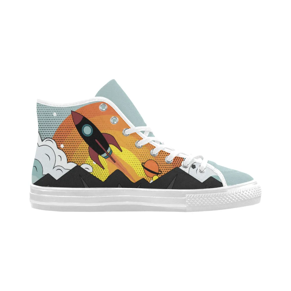 Men's Flying Rocket Pop Art Print Canvas High Top Shoes (White)