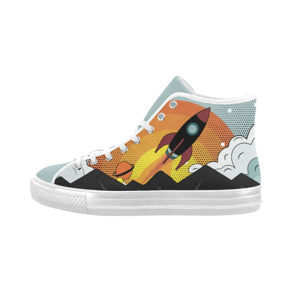 Men's Flying Rocket Pop Art Print Canvas High Top Shoes (White)