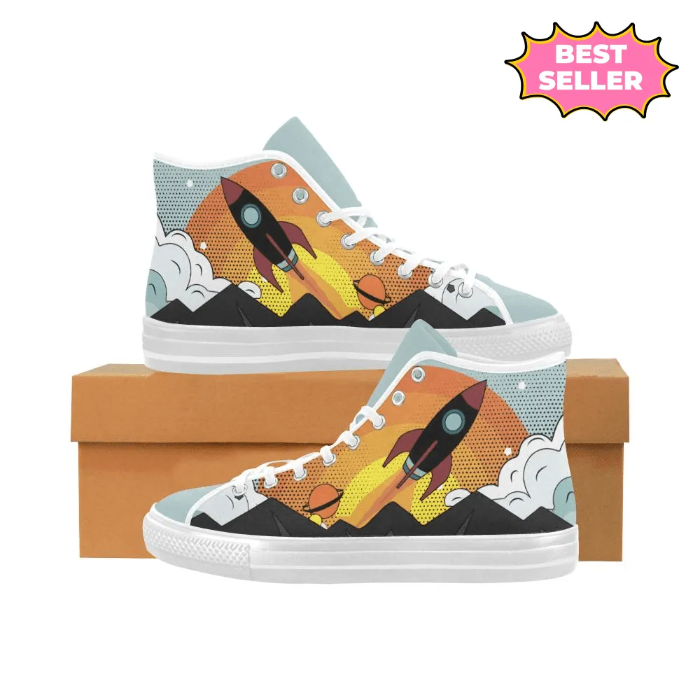 Men's Flying Rocket Pop Art Print Canvas High Top Shoes (White)