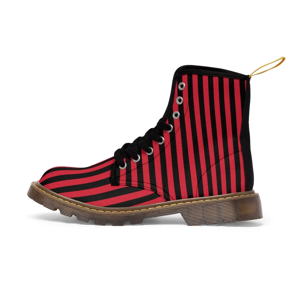 Red Striped Print Men's Boots, Black Red Stripes Best Hiking Winter Boots Laced Up Shoes For Men