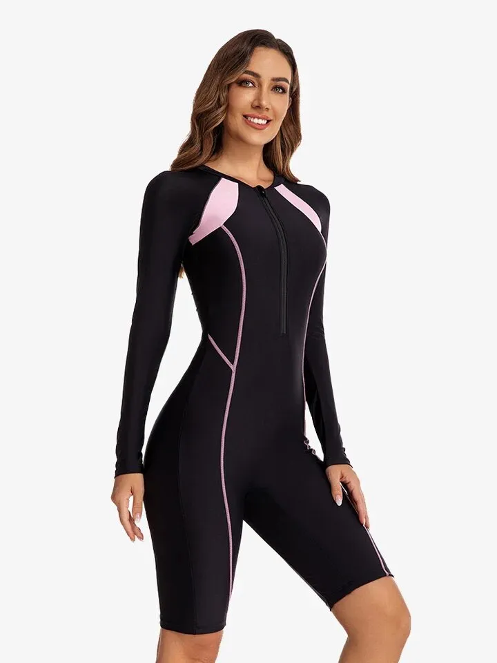 Scuba Long Sleeve Rashguard in Black/Pink  One Piece Women Bathing Swimsuit Women Beach